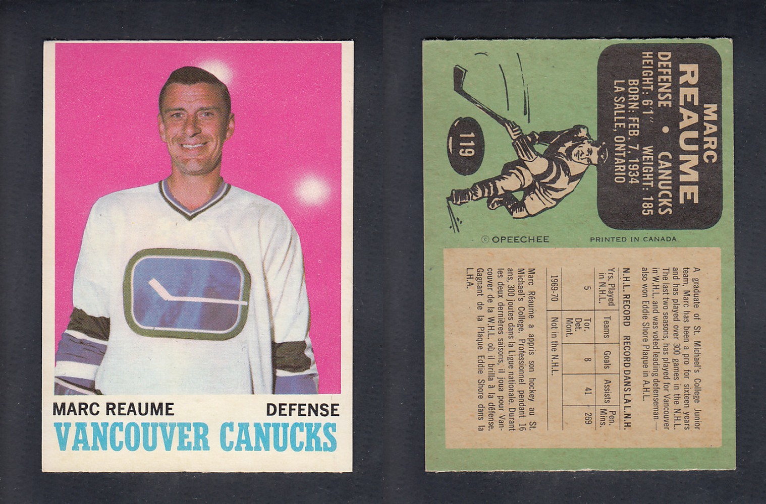 1970-71 O-PEE-CHEE HOCKEY CARD #119 M. REAUME photo 1970-71 O-PEE-CHEE HOCKEY CARD #119 M. REAUME photo