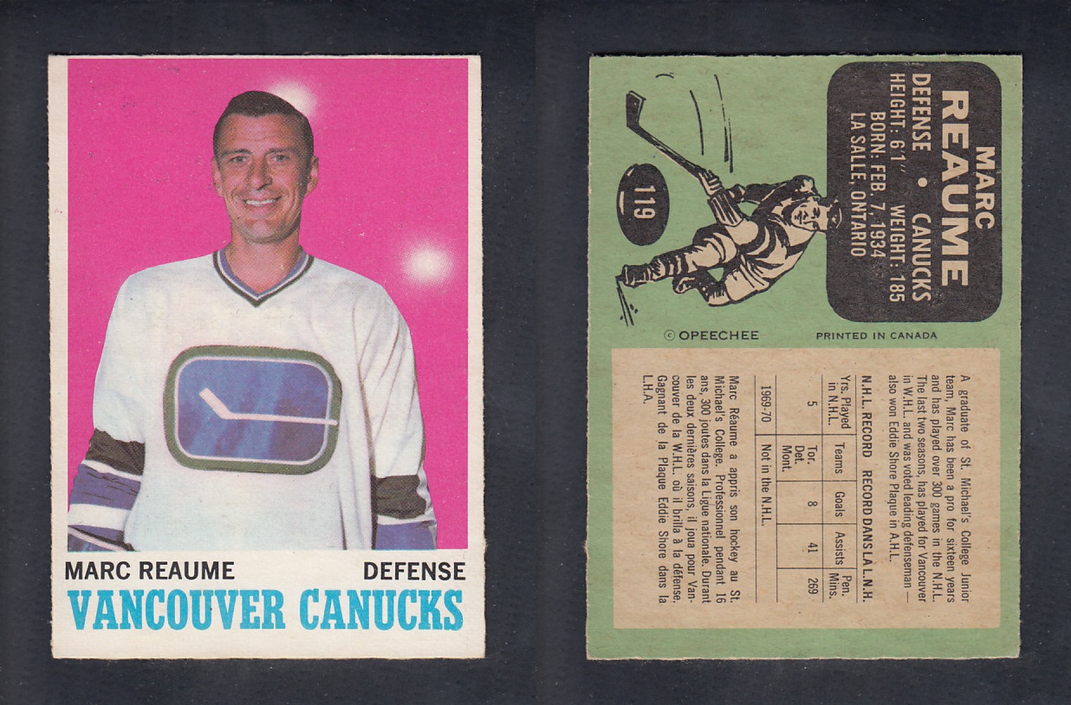 1970-71 O-PEE-CHEE HOCKEY CARD #119 M. REAUME photo 1970-71 O-PEE-CHEE HOCKEY CARD #119 M. REAUME photo