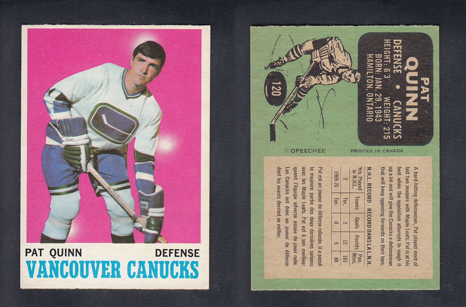 1970-71 O-PEE-CHEE HOCKEY CARD #120 P. QUINN photo 1970-71 O-PEE-CHEE HOCKEY CARD #120 P. QUINN photo