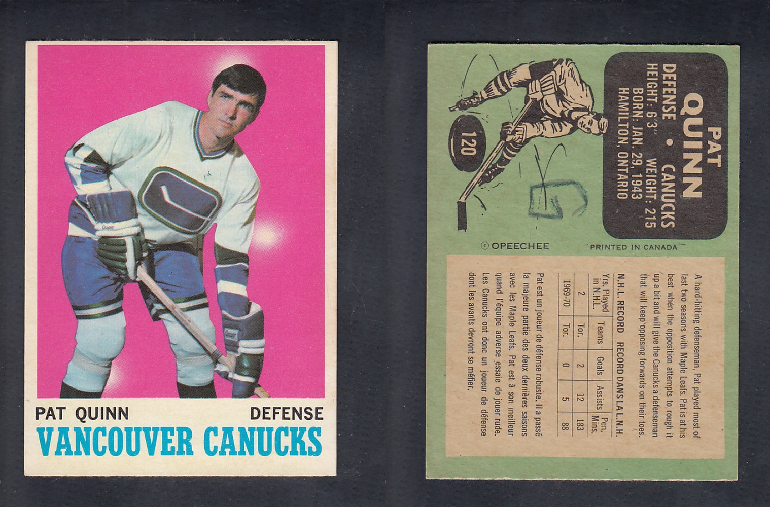 1970-71 O-PEE-CHEE HOCKEY CARD #120 P. QUINN photo 1970-71 O-PEE-CHEE HOCKEY CARD #120 P. QUINN photo