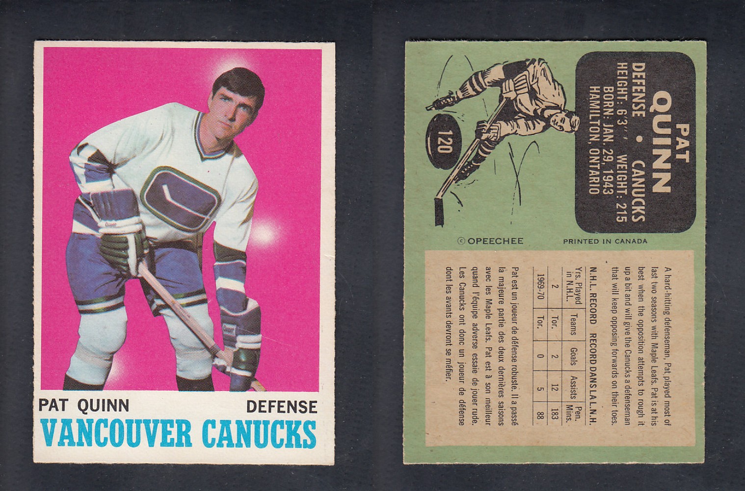 1970-71 O-PEE-CHEE HOCKEY CARD #120 P. QUINN photo 1970-71 O-PEE-CHEE HOCKEY CARD #120 P. QUINN photo