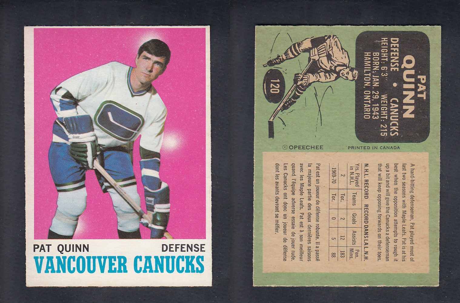 1970-71 O-PEE-CHEE HOCKEY CARD #120 P. QUINN photo 1970-71 O-PEE-CHEE HOCKEY CARD #120 P. QUINN photo