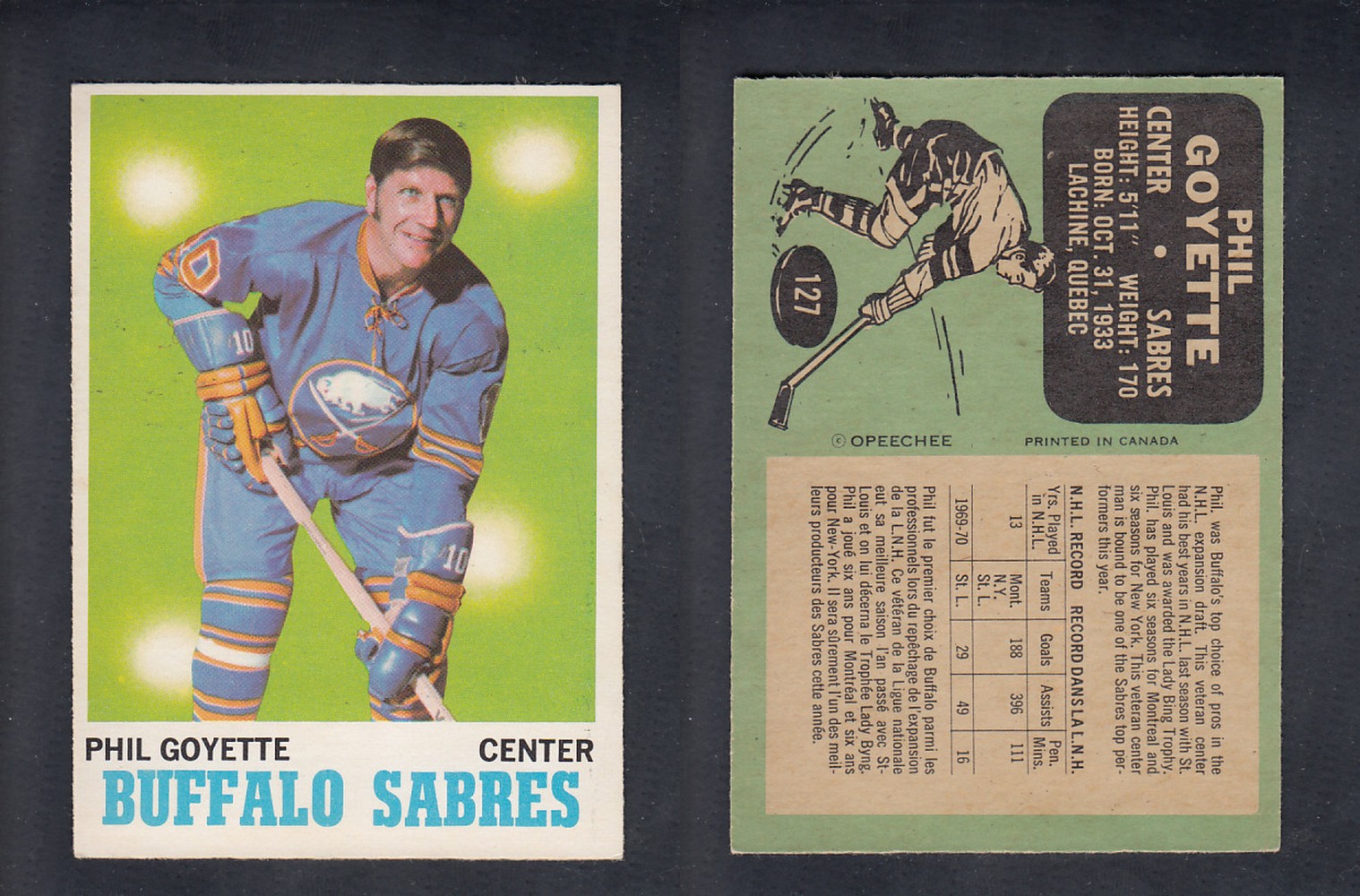1970-71 O-PEE-CHEE HOCKEY CARD #127 P. GOYETTE photo 1970-71 O-PEE-CHEE HOCKEY CARD #127 P. GOYETTE photo