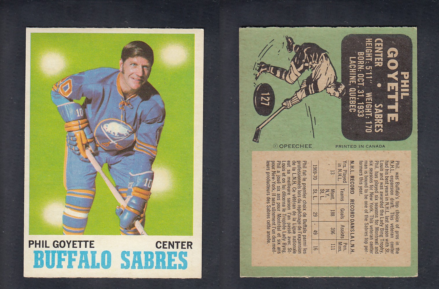 1970-71 O-PEE-CHEE HOCKEY CARD #127 P. GOYETTE photo 1970-71 O-PEE-CHEE HOCKEY CARD #127 P. GOYETTE photo