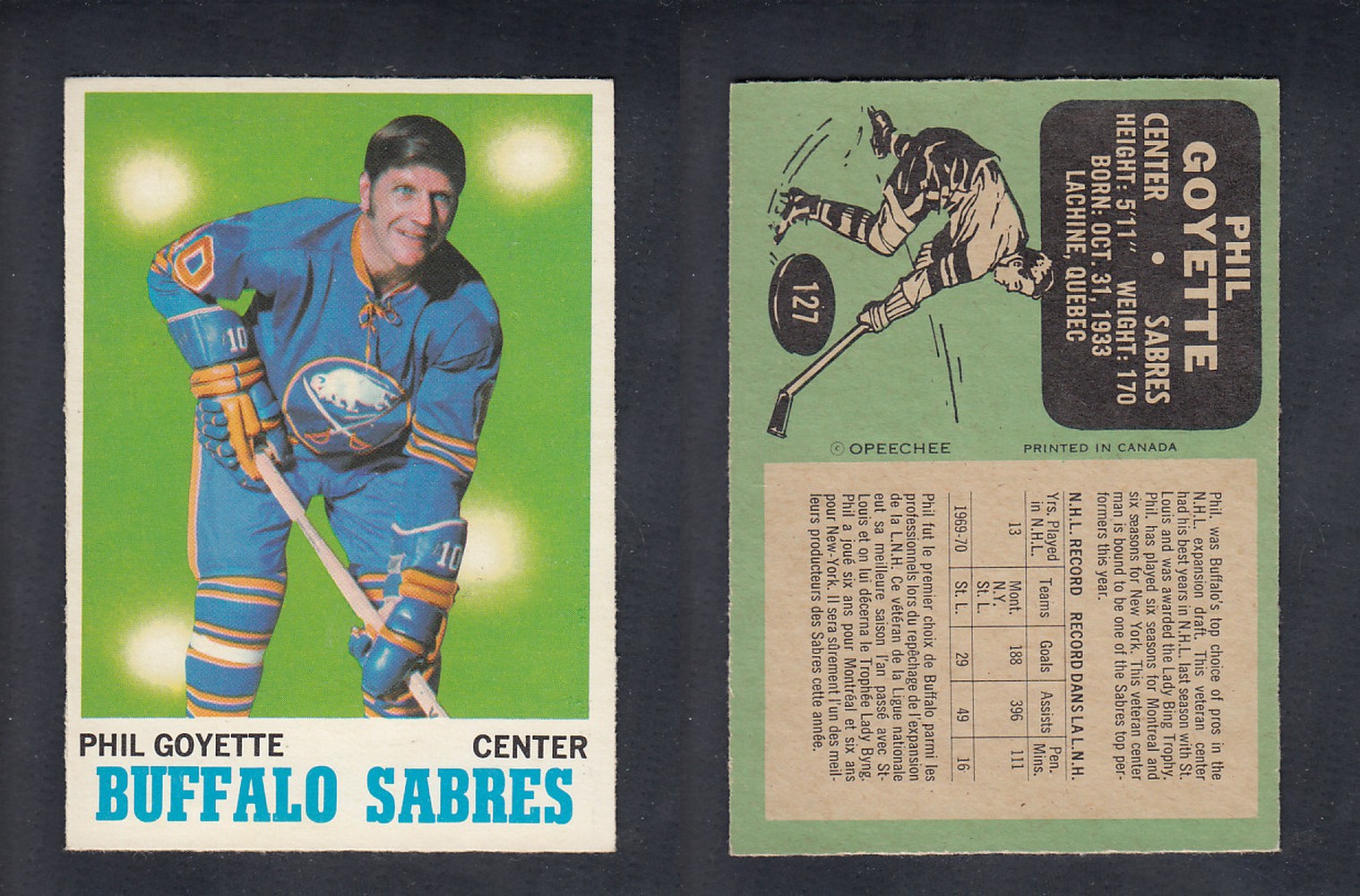 1970-71 O-PEE-CHEE HOCKEY CARD #127 P. GOYETTE photo 1970-71 O-PEE-CHEE HOCKEY CARD #127 P. GOYETTE photo