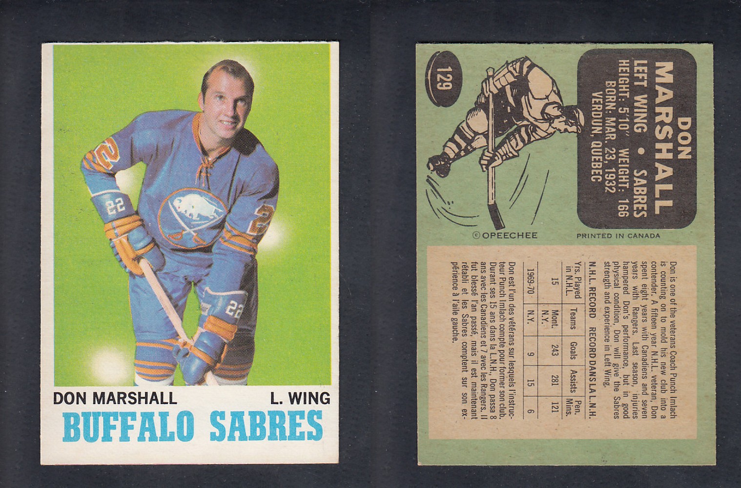 1970-71 O-PEE-CHEE HOCKEY CARD #129 D. MARSHALL photo 1970-71 O-PEE-CHEE HOCKEY CARD #129 D. MARSHALL photo