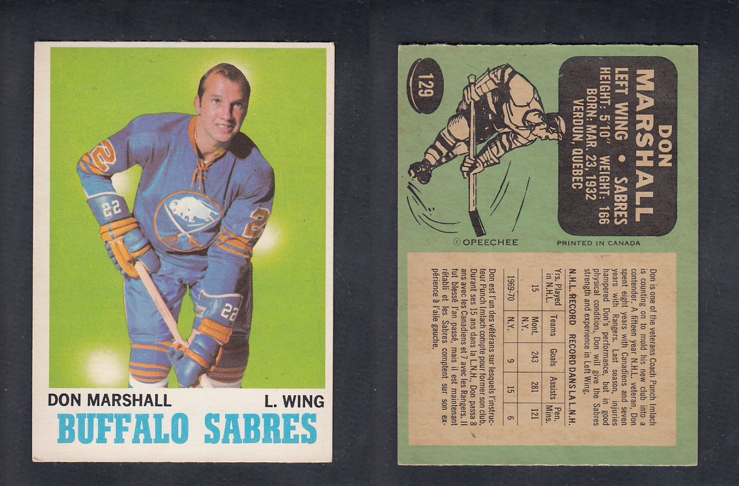1970-71 O-PEE-CHEE HOCKEY CARD #129 D. MARSHALL photo 1970-71 O-PEE-CHEE HOCKEY CARD #129 D. MARSHALL photo