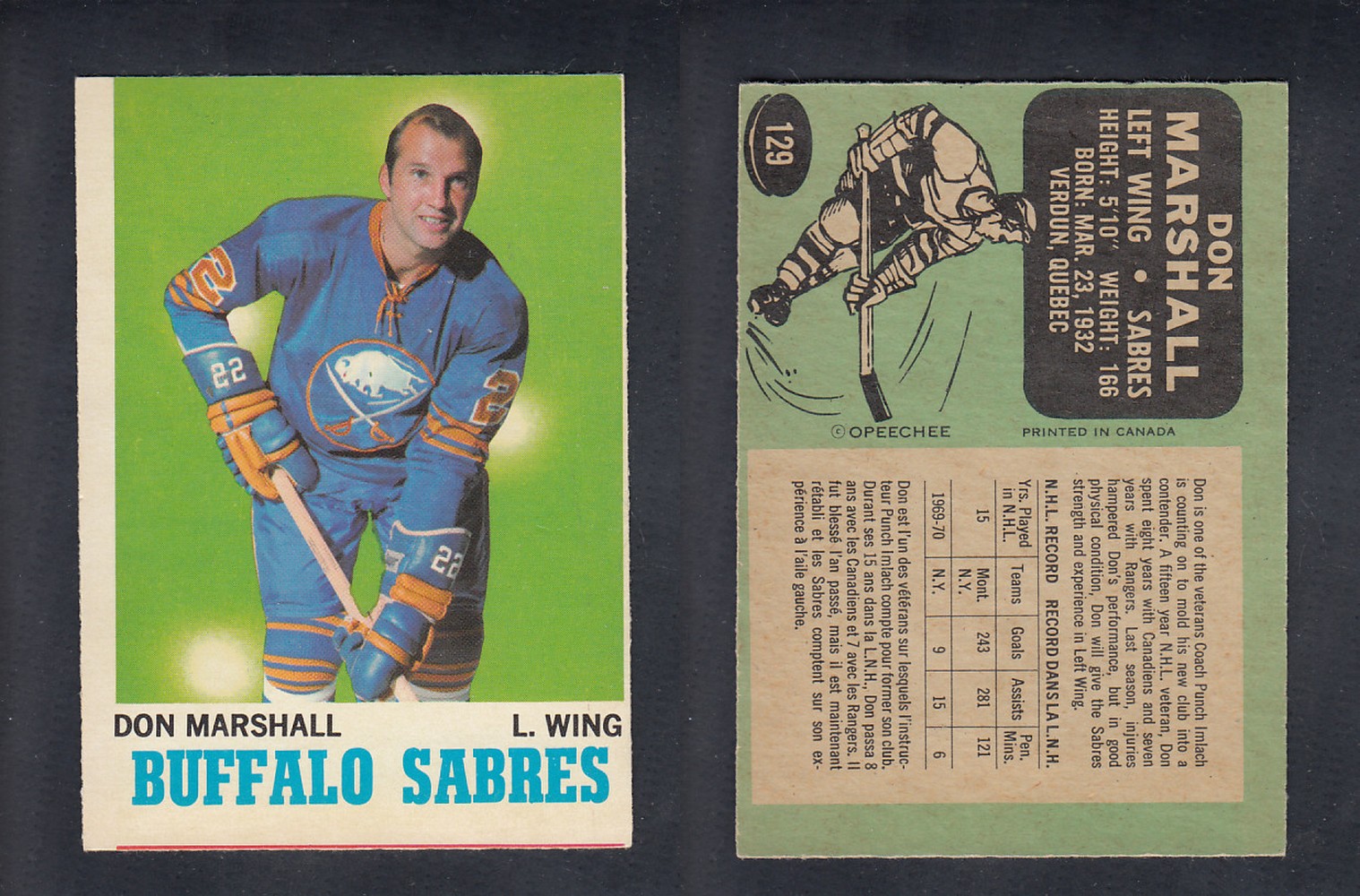 1970-71 O-PEE-CHEE HOCKEY CARD #129 D. MARSHALL photo 1970-71 O-PEE-CHEE HOCKEY CARD #129 D. MARSHALL photo