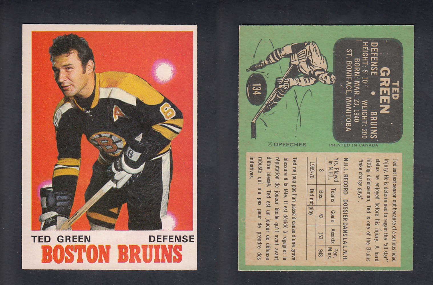 1970-71 O-PEE-CHEE HOCKEY CARD  #134  T. GREEN photo