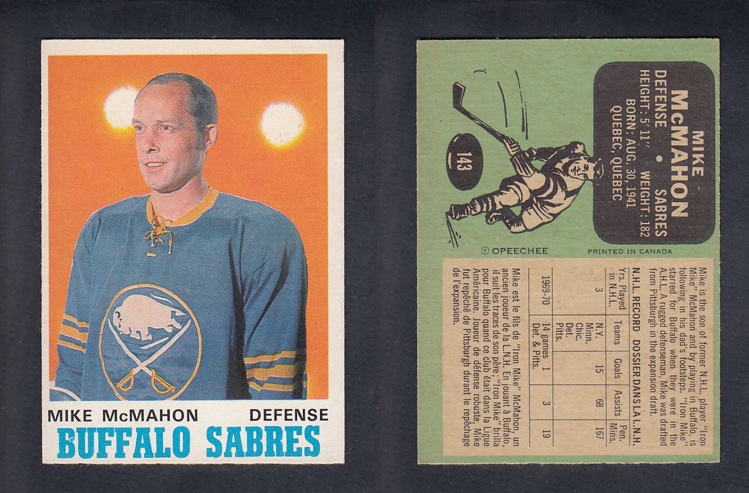 1970-71 O-PEE-CHEE HOCKEY CARD #143 M. McMAHON photo 1970-71 O-PEE-CHEE HOCKEY CARD #143 M. McMAHON photo