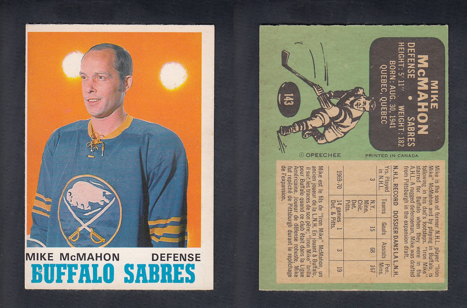 1970-71 O-PEE-CHEE HOCKEY CARD #143 M. McMAHON photo 1970-71 O-PEE-CHEE HOCKEY CARD #143 M. McMAHON photo