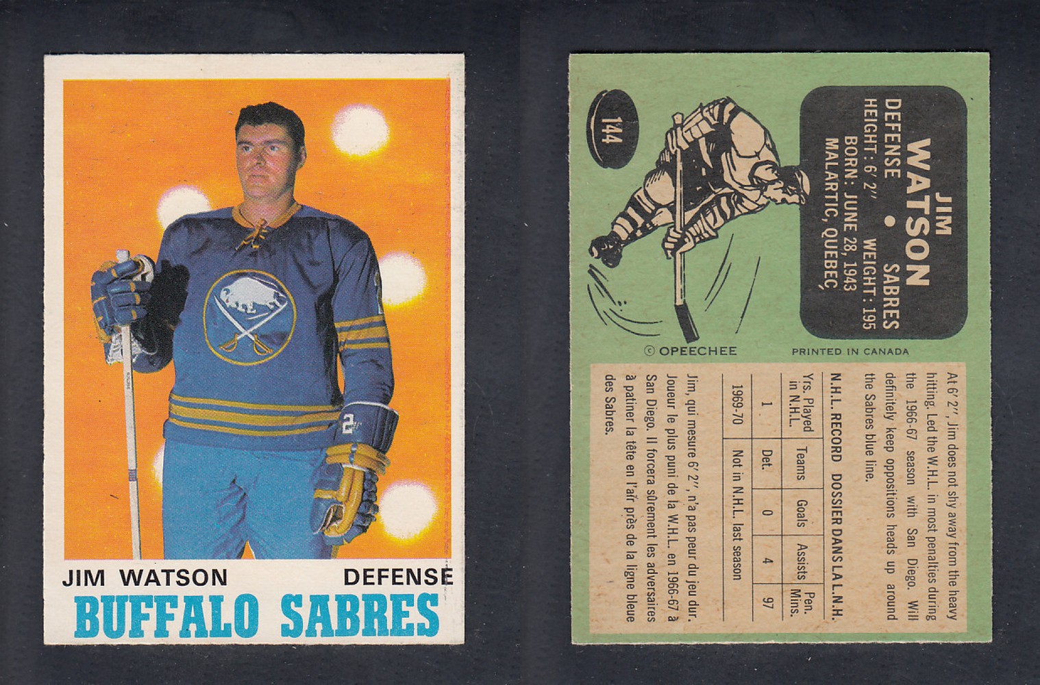 1970-71 O-PEE-CHEE HOCKEY CARD #144 J. WATSON photo 1970-71 O-PEE-CHEE HOCKEY CARD #144 J. WATSON photo