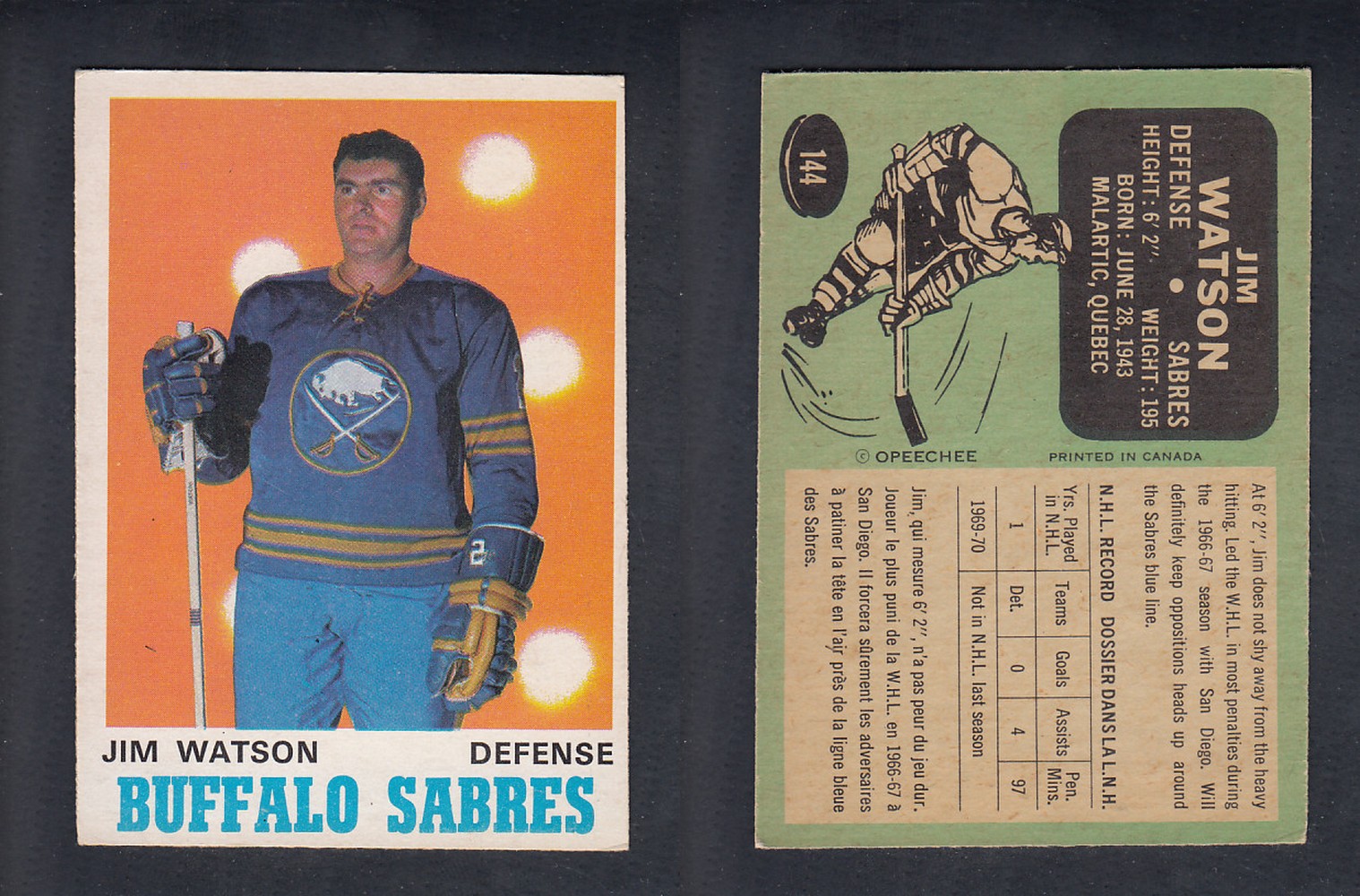 1970-71 O-PEE-CHEE HOCKEY CARD #144 J. WATSON photo 1970-71 O-PEE-CHEE HOCKEY CARD #144 J. WATSON photo
