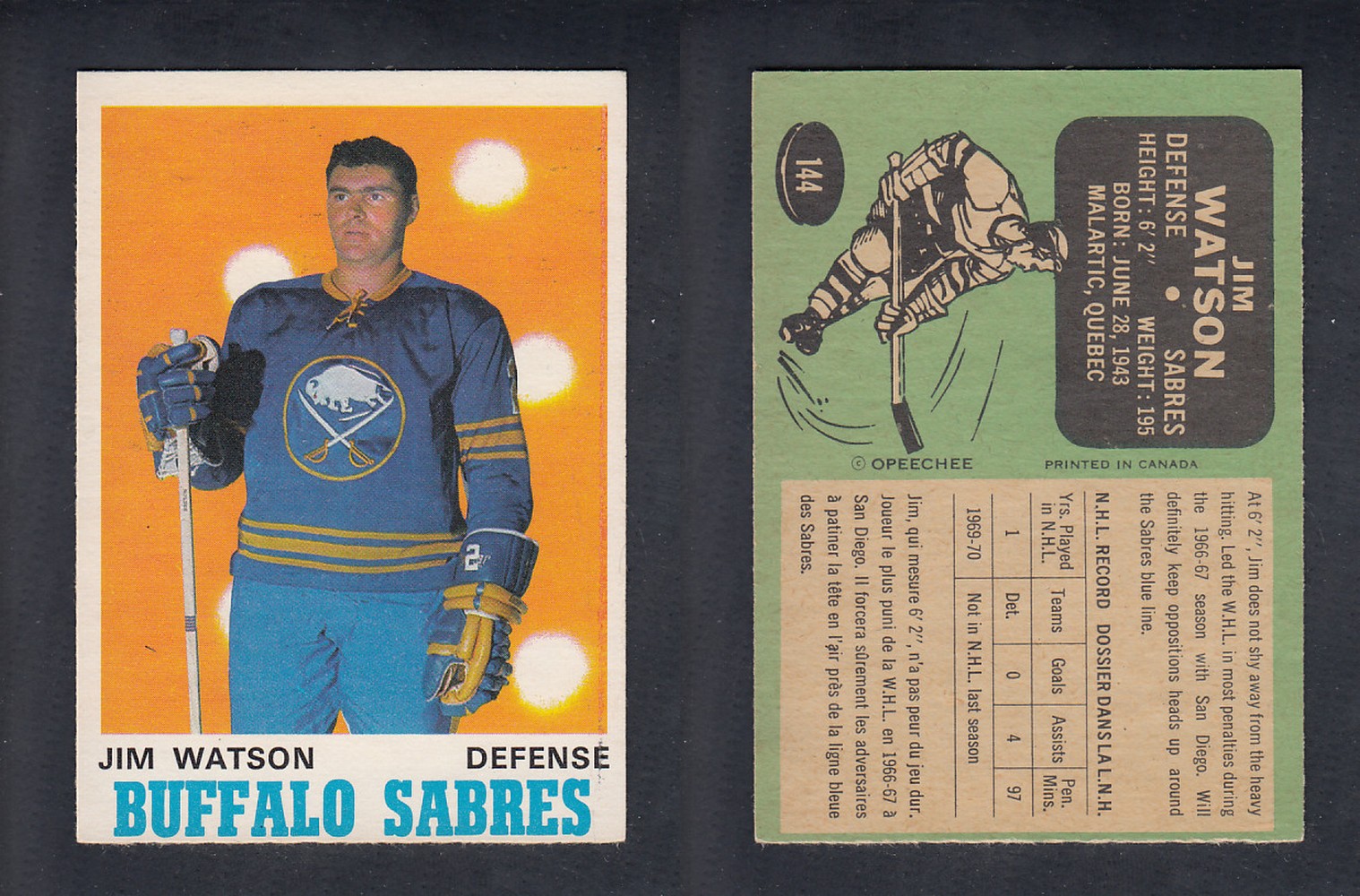 1970-71 O-PEE-CHEE HOCKEY CARD #144 J. WATSON photo 1970-71 O-PEE-CHEE HOCKEY CARD #144 J. WATSON photo