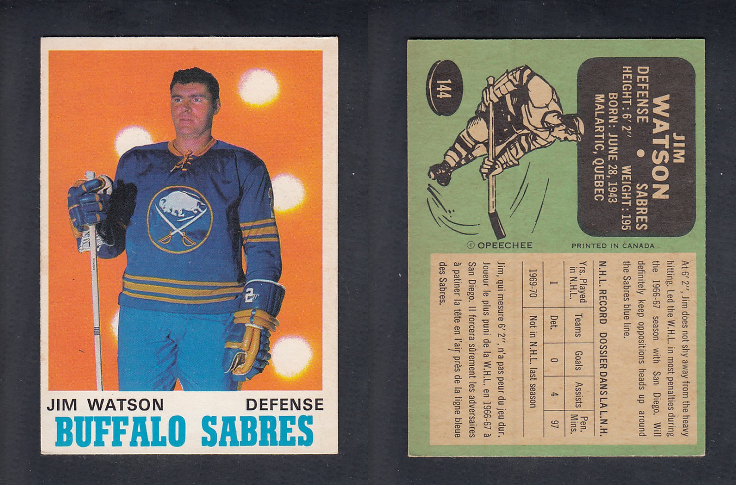 1970-71 O-PEE-CHEE HOCKEY CARD #144 J. WATSON photo 1970-71 O-PEE-CHEE HOCKEY CARD #144 J. WATSON photo