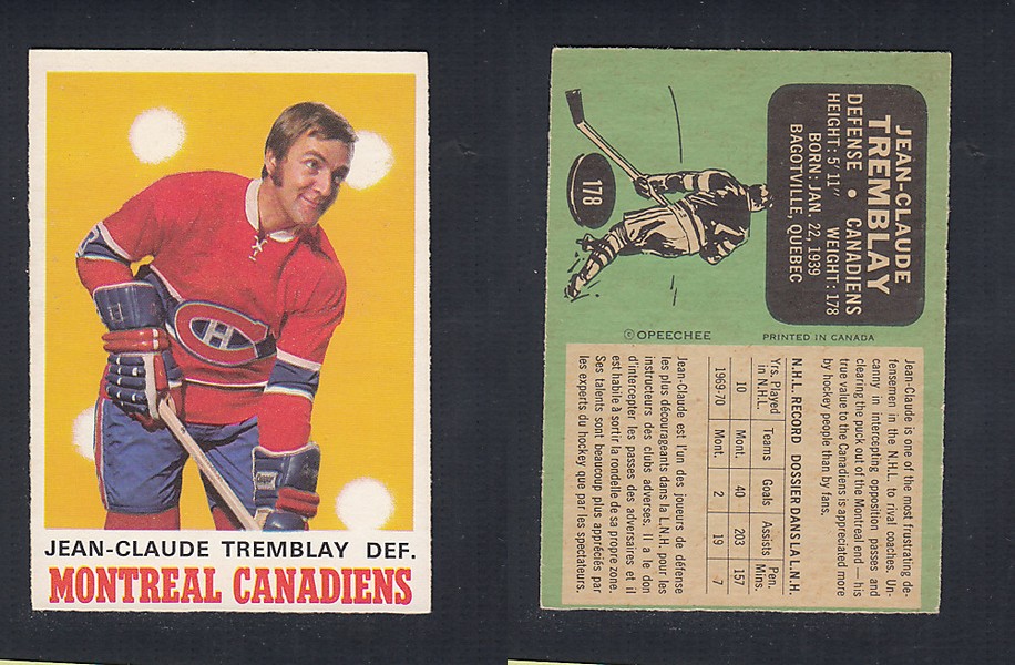 1970-71 O-PEE-CHEE HOCKEY CARD #178 J.C. TREMBLAY photo 1970-71 O-PEE-CHEE HOCKEY CARD #178 J.C. TREMBLAY photo