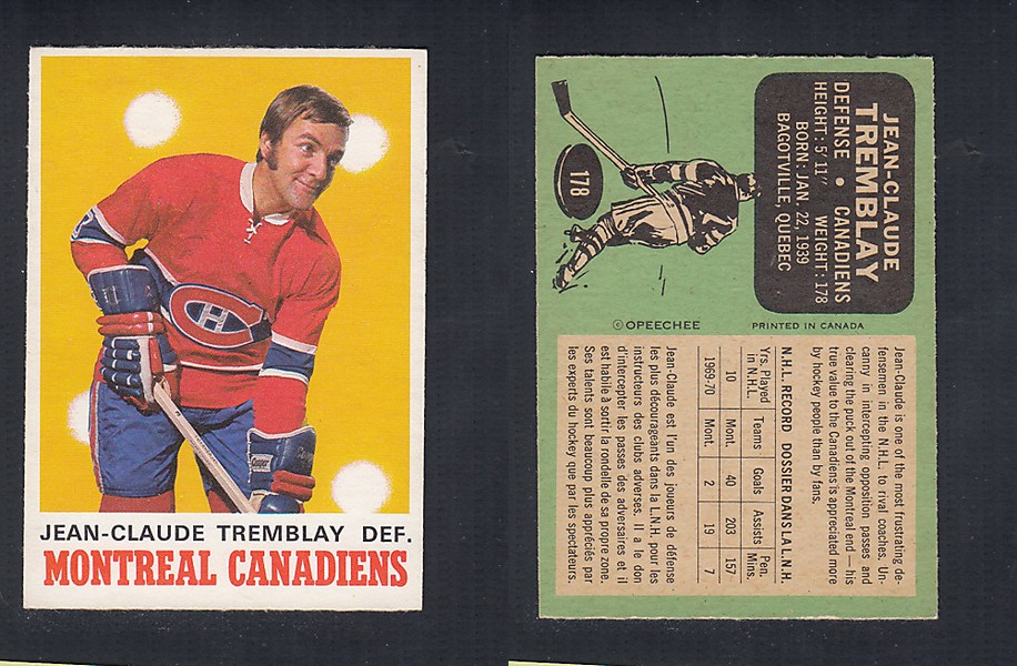 1970-71 O-PEE-CHEE HOCKEY CARD #178 J.C. TREMBLAY photo 1970-71 O-PEE-CHEE HOCKEY CARD #178 J.C. TREMBLAY photo