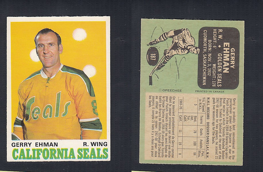 1970-71 O-PEE-CHEE HOCKEY CARD #187 G. EHMAN photo 1970-71 O-PEE-CHEE HOCKEY CARD #187 G. EHMAN photo