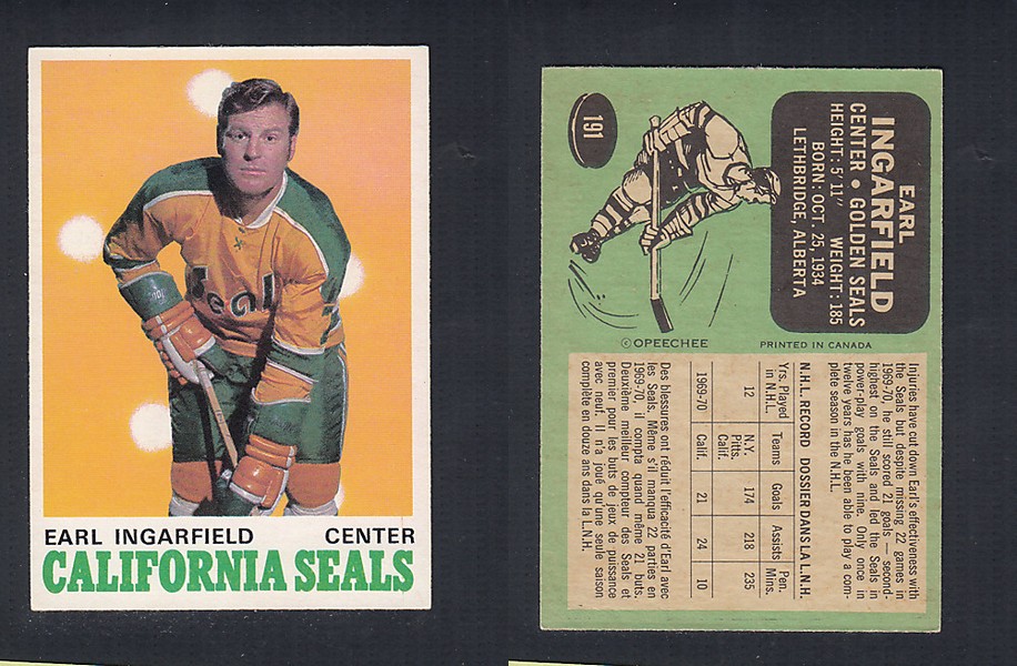 1970-71 O-PEE-CHEE HOCKEY CARD #191 E. INGARFIELD photo 1970-71 O-PEE-CHEE HOCKEY CARD #191 E. INGARFIELD photo
