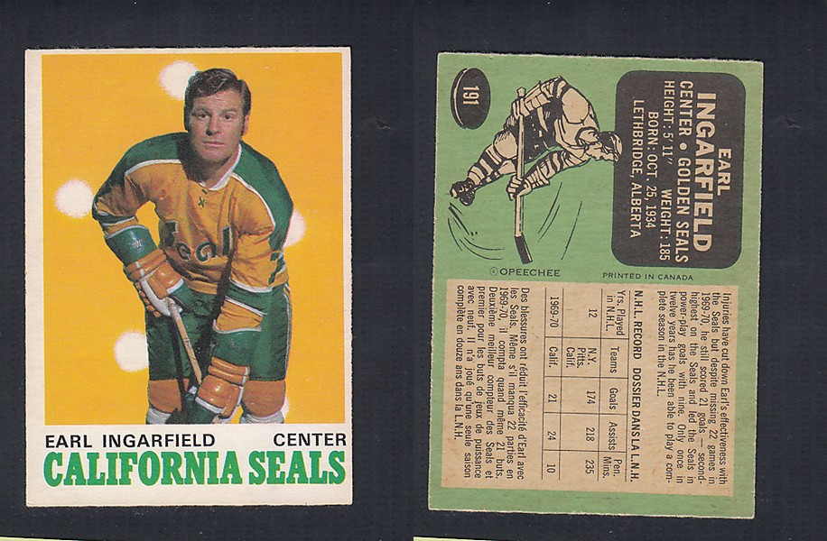 1970-71 O-PEE-CHEE HOCKEY CARD #191 E. INGARFIELD photo 1970-71 O-PEE-CHEE HOCKEY CARD #191 E. INGARFIELD photo