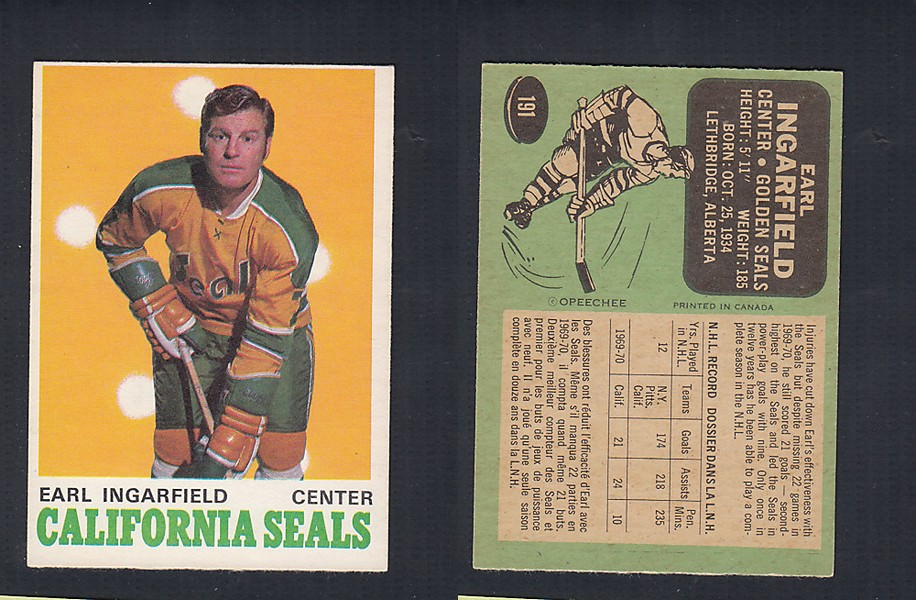 1970-71 O-PEE-CHEE HOCKEY CARD #191 E. INGARFIELD photo 1970-71 O-PEE-CHEE HOCKEY CARD #191 E. INGARFIELD photo