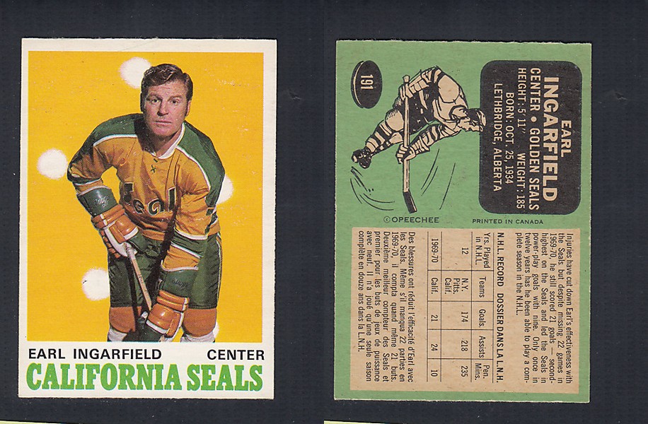 1970-71 O-PEE-CHEE HOCKEY CARD #191 E. INGARFIELD photo 1970-71 O-PEE-CHEE HOCKEY CARD #191 E. INGARFIELD photo