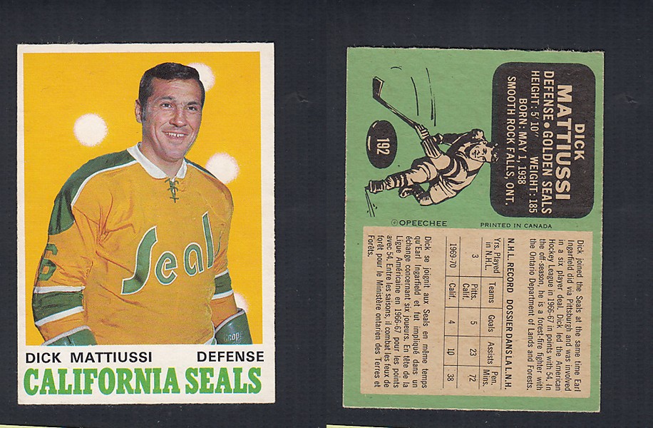 1970-71 O-PEE-CHEE HOCKEY CARD #192 D. MATTIUSSI photo 1970-71 O-PEE-CHEE HOCKEY CARD #192 D. MATTIUSSI photo
