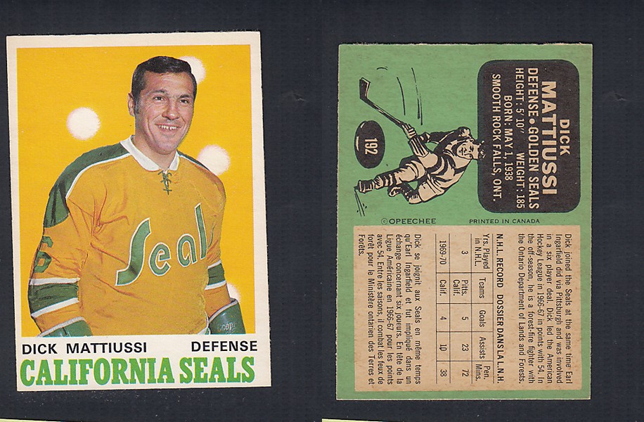 1970-71 O-PEE-CHEE HOCKEY CARD #192 D. MATTIUSSI photo 1970-71 O-PEE-CHEE HOCKEY CARD #192 D. MATTIUSSI photo