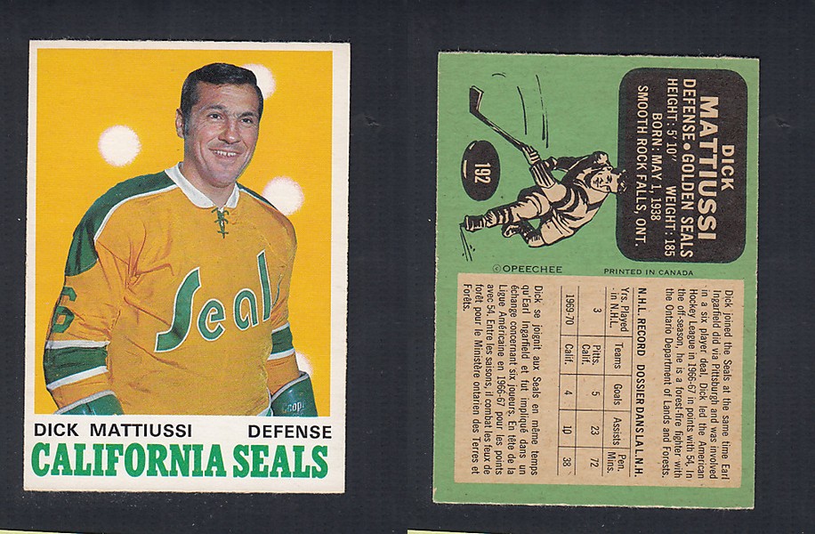 1970-71 O-PEE-CHEE HOCKEY CARD #192 D. MATTIUSSI photo 1970-71 O-PEE-CHEE HOCKEY CARD #192 D. MATTIUSSI photo