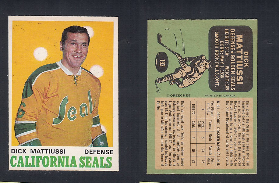 1970-71 O-PEE-CHEE HOCKEY CARD #192 D. MATTIUSSI photo 1970-71 O-PEE-CHEE HOCKEY CARD #192 D. MATTIUSSI photo