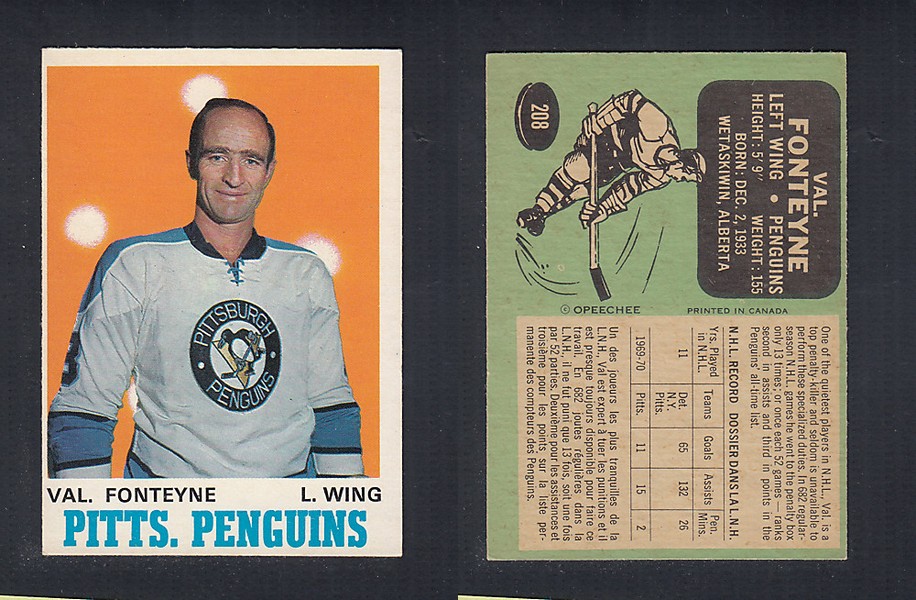 1970-71 O-PEE-CHEE HOCKEY CARD #208 V. FONTEYNE photo 1970-71 O-PEE-CHEE HOCKEY CARD #208 V. FONTEYNE photo