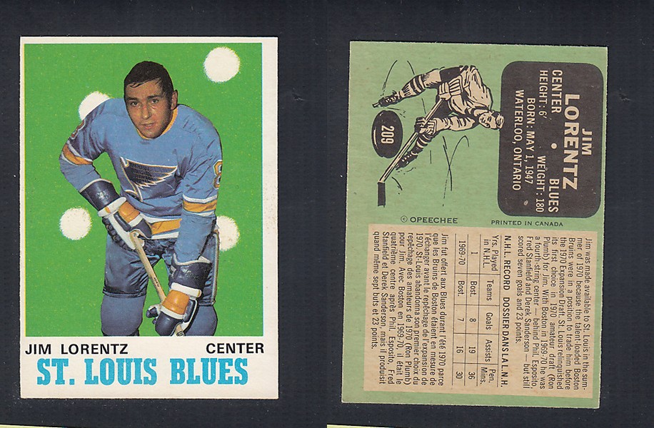 1970-71 O-PEE-CHEE HOCKEY CARD #209 J. LORENTZ photo 1970-71 O-PEE-CHEE HOCKEY CARD #209 J. LORENTZ photo