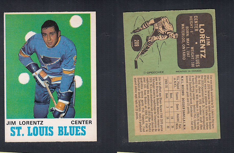 1970-71 O-PEE-CHEE HOCKEY CARD #209 J. LORENTZ photo 1970-71 O-PEE-CHEE HOCKEY CARD #209 J. LORENTZ photo