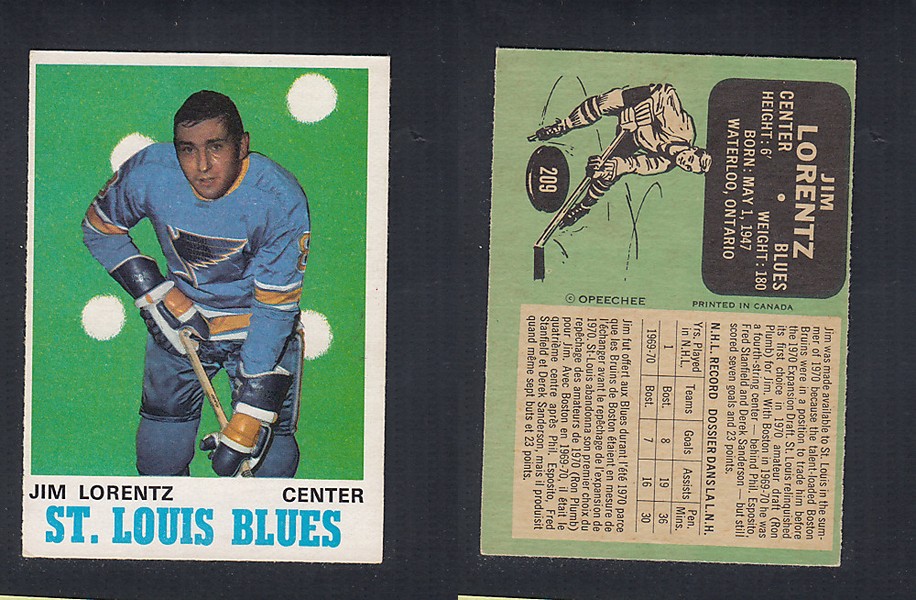 1970-71 O-PEE-CHEE HOCKEY CARD #209 J. LORENTZ photo 1970-71 O-PEE-CHEE HOCKEY CARD #209 J. LORENTZ photo