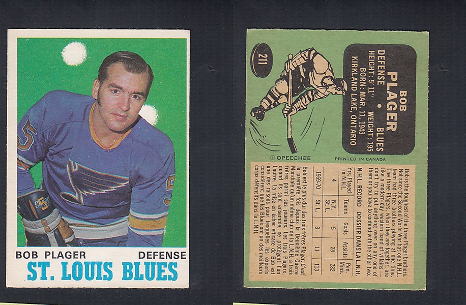 1970-71 O-PEE-CHEE HOCKEY CARD #211 B. PLAGER photo 1970-71 O-PEE-CHEE HOCKEY CARD #211 B. PLAGER photo