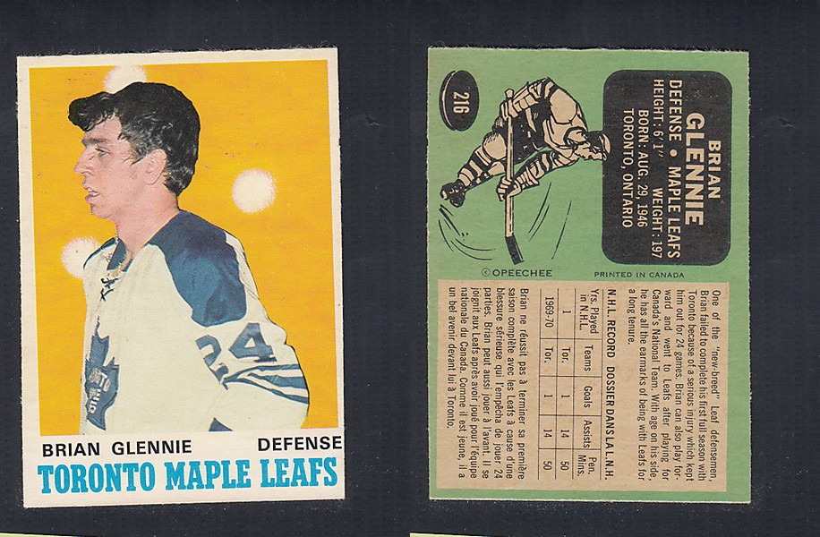 1970-71 O-PEE-CHEE HOCKEY CARD #216 B. GLENNIE photo 1970-71 O-PEE-CHEE HOCKEY CARD #216 B. GLENNIE photo
