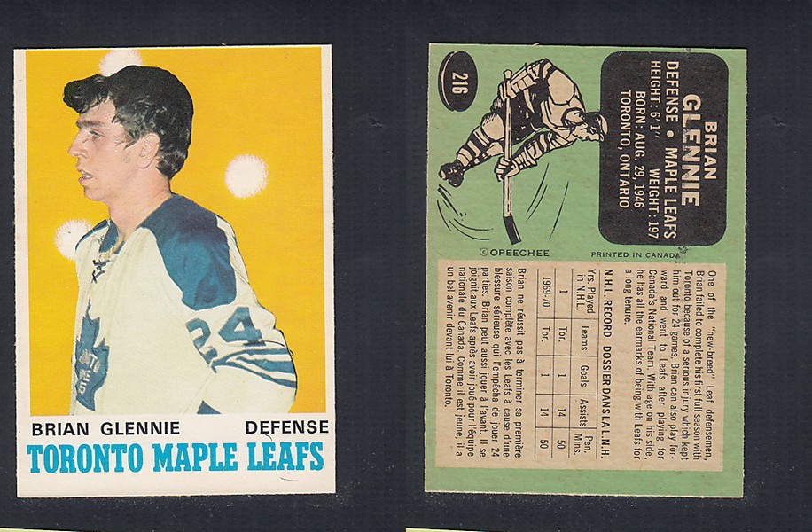1970-71 O-PEE-CHEE HOCKEY CARD #216 B. GLENNIE photo 1970-71 O-PEE-CHEE HOCKEY CARD #216 B. GLENNIE photo