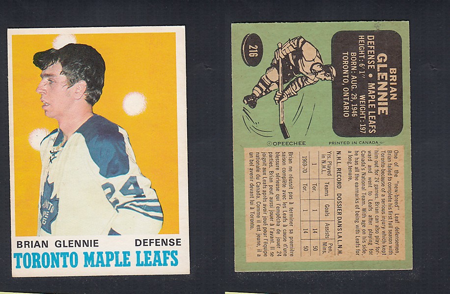 1970-71 O-PEE-CHEE HOCKEY CARD #216 B. GLENNIE photo 1970-71 O-PEE-CHEE HOCKEY CARD #216 B. GLENNIE photo
