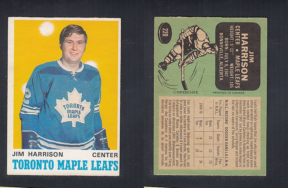 1970-71 O-PEE-CHEE HOCKEY CARD #220 J. HARRISON photo 1970-71 O-PEE-CHEE HOCKEY CARD #220 J. HARRISON photo