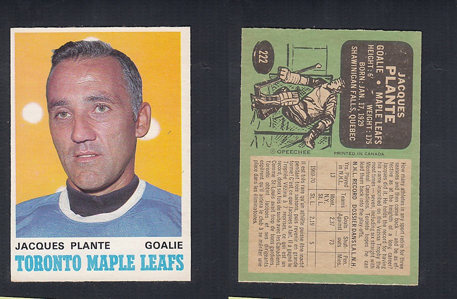 1970-71 O-PEE-CHEE HOCKEY CARD #222 J. PLANTE photo 1970-71 O-PEE-CHEE HOCKEY CARD #222 J. PLANTE photo