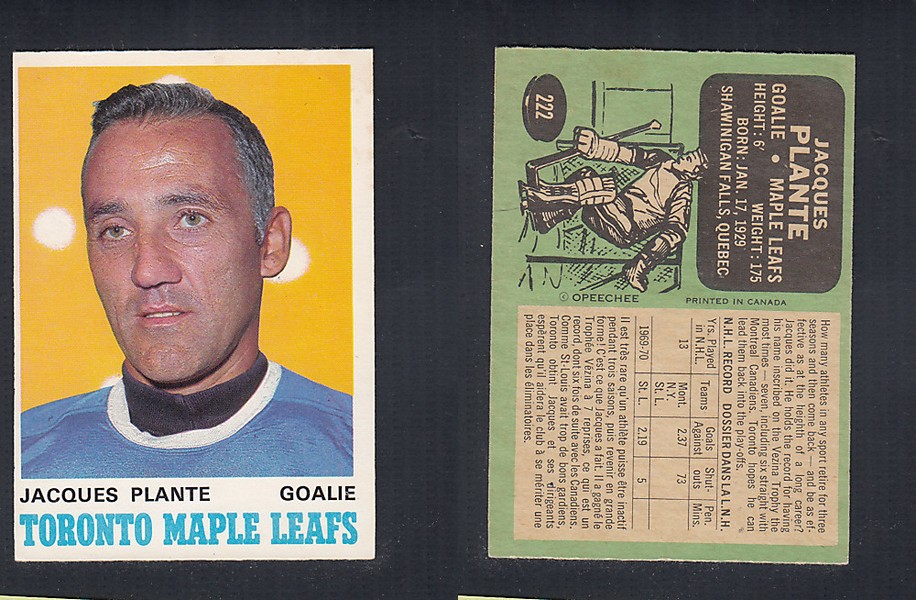 1970-71 O-PEE-CHEE HOCKEY CARD #222 J. PLANTE photo 1970-71 O-PEE-CHEE HOCKEY CARD #222 J. PLANTE photo