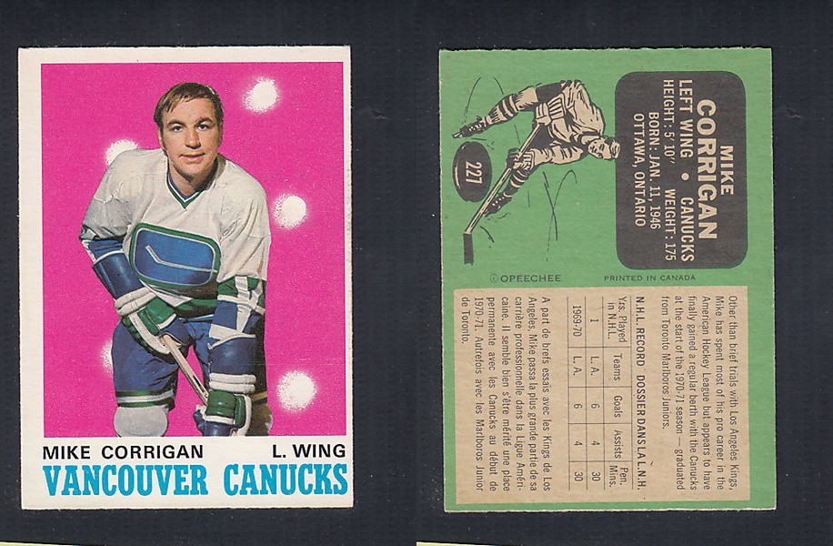 1970-71 O-PEE-CHEE HOCKEY CARD #227 M. CORRIGAN photo 1970-71 O-PEE-CHEE HOCKEY CARD #227 M. CORRIGAN photo