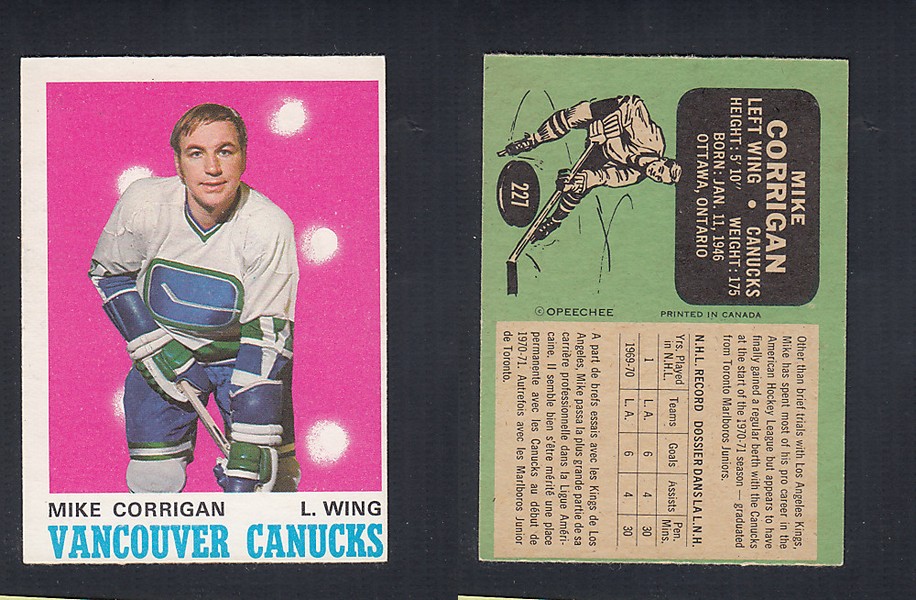 1970-71 O-PEE-CHEE HOCKEY CARD #227 M. CORRIGAN photo 1970-71 O-PEE-CHEE HOCKEY CARD #227 M. CORRIGAN photo