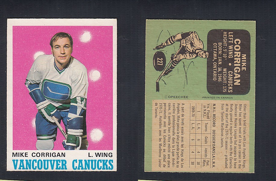 1970-71 O-PEE-CHEE HOCKEY CARD #227 M. CORRIGAN photo 1970-71 O-PEE-CHEE HOCKEY CARD #227 M. CORRIGAN photo