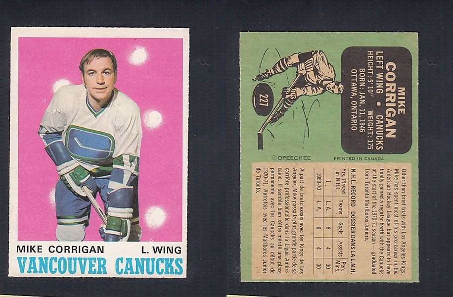 1970-71 O-PEE-CHEE HOCKEY CARD #227 M. CORRIGAN photo 1970-71 O-PEE-CHEE HOCKEY CARD #227 M. CORRIGAN photo