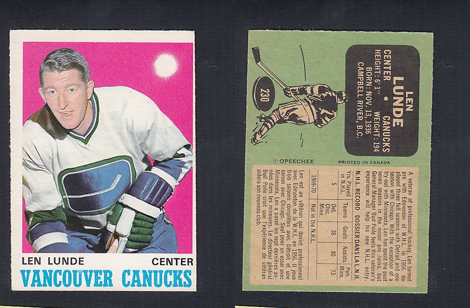 1970-71 O-PEE-CHEE HOCKEY CARD #230 L. LUNDE photo 1970-71 O-PEE-CHEE HOCKEY CARD #230 L. LUNDE photo