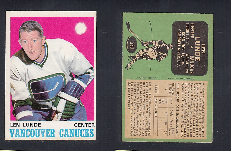 1970-71 O-PEE-CHEE HOCKEY CARD #230 L. LUNDE photo 1970-71 O-PEE-CHEE HOCKEY CARD #230 L. LUNDE photo