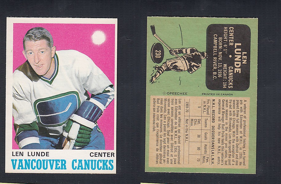 1970-71 O-PEE-CHEE HOCKEY CARD #230 L. LUNDE photo 1970-71 O-PEE-CHEE HOCKEY CARD #230 L. LUNDE photo