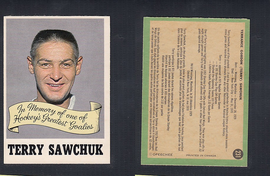 1970-71 O-PEE-CHEE HOCKEY CARD #231 T. SAWCHUK photo 1970-71 O-PEE-CHEE HOCKEY CARD #231 T. SAWCHUK photo