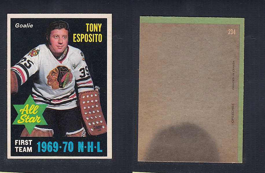 1970-71 O-PEE-CHEE HOCKEY CARD #234 ALL STAR: TONY ESPOSITO photo 1970-71 O-PEE-CHEE HOCKEY CARD #234 ALL STAR: TONY ESPOSITO photo